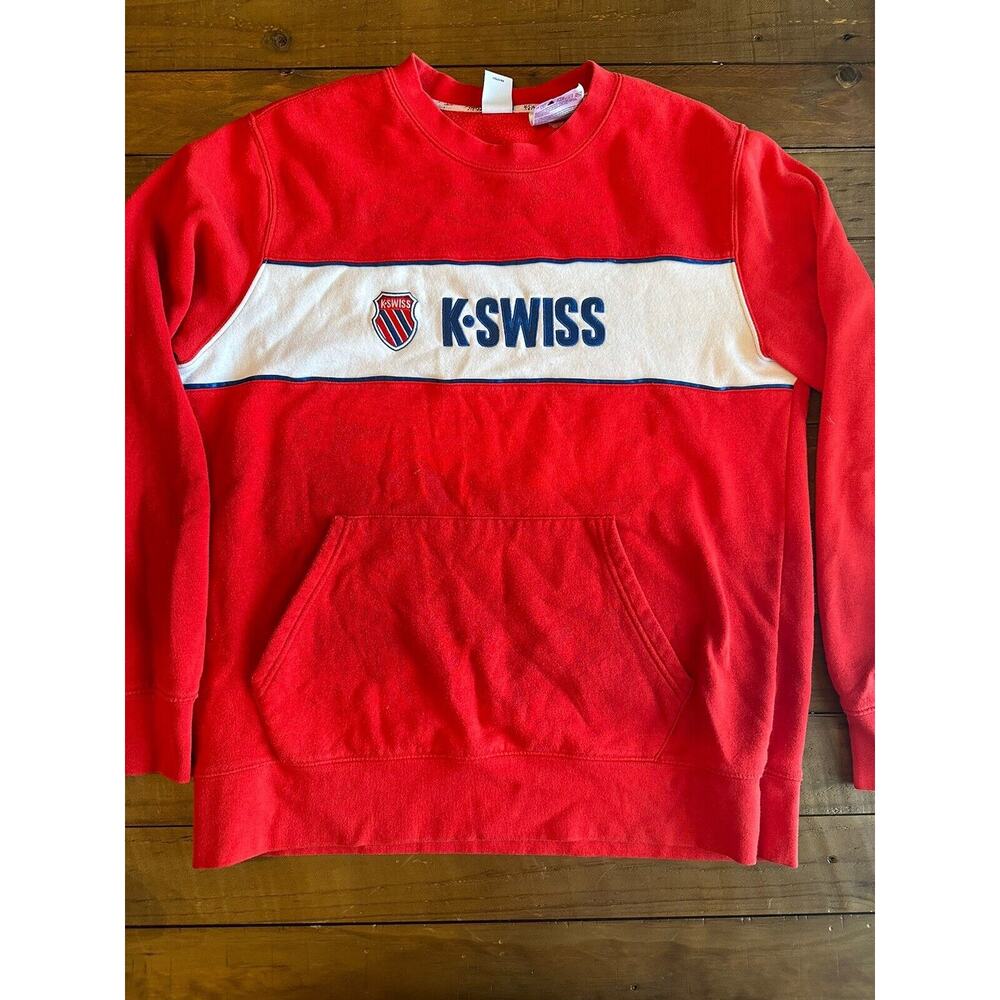 K-Swiss Logo Vintage Red White Blue Striped Crewneck Pullover Size L EUC Pockets